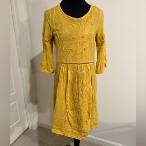 Anthropologie Golden embroidered Yellow Mini Dress